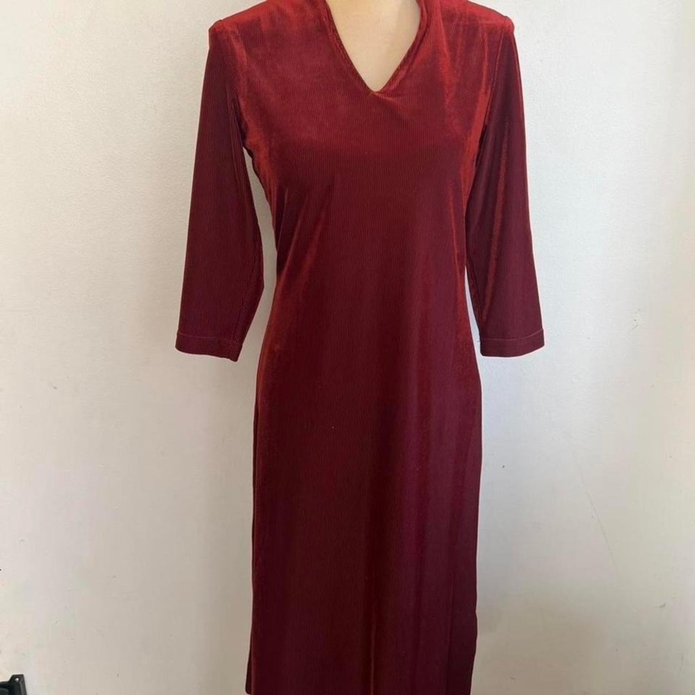 Coldwater Creek Burgundy Ribbed Velvet V-Neck Maxi Dress PXS Red 3/4 Sleeve